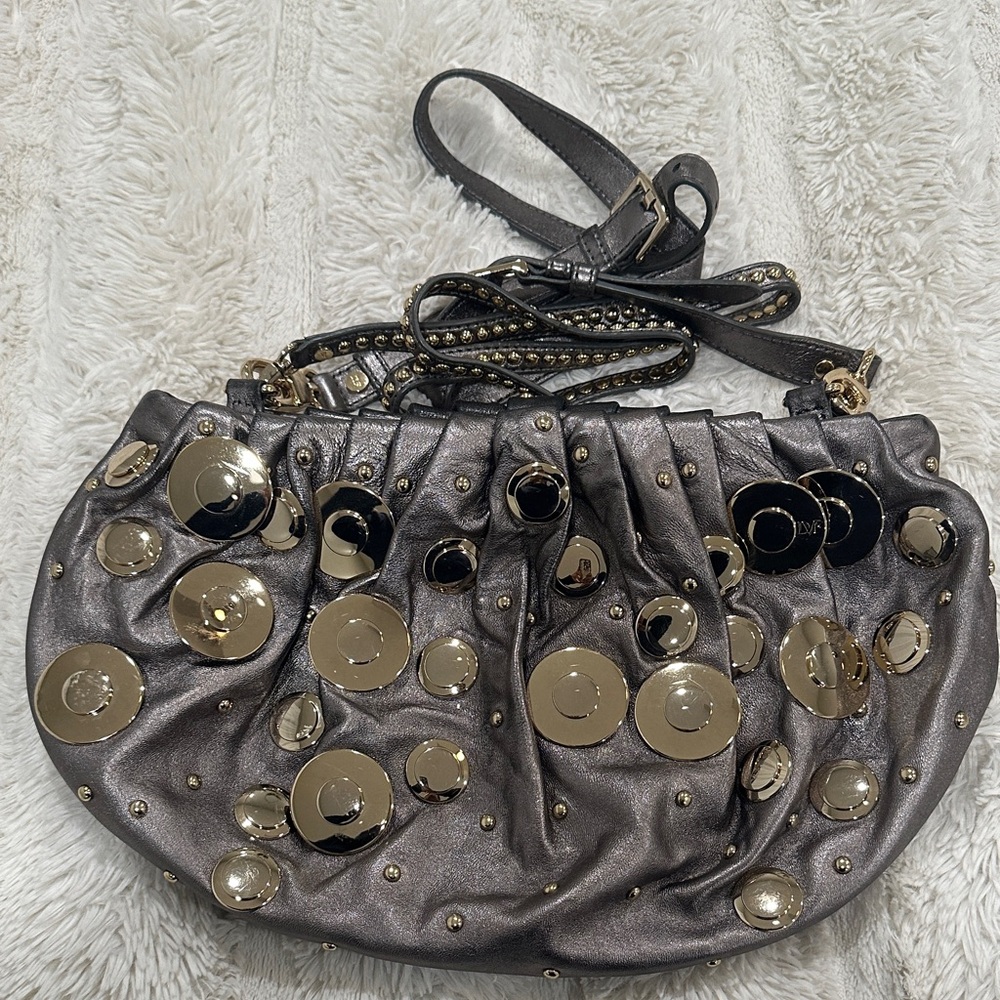 Dior Metallic Gray Clutch with Gold Discs